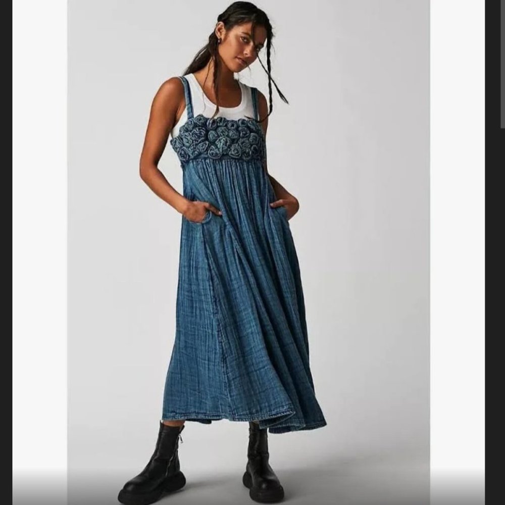 Free People Blue Denim Maxi Midi Dress with Embroidered Bodice